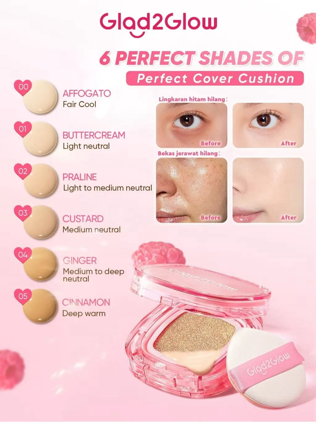 Glad2Glow perfect cover cushion waterproof make up setting concelear BB cream tahan lama