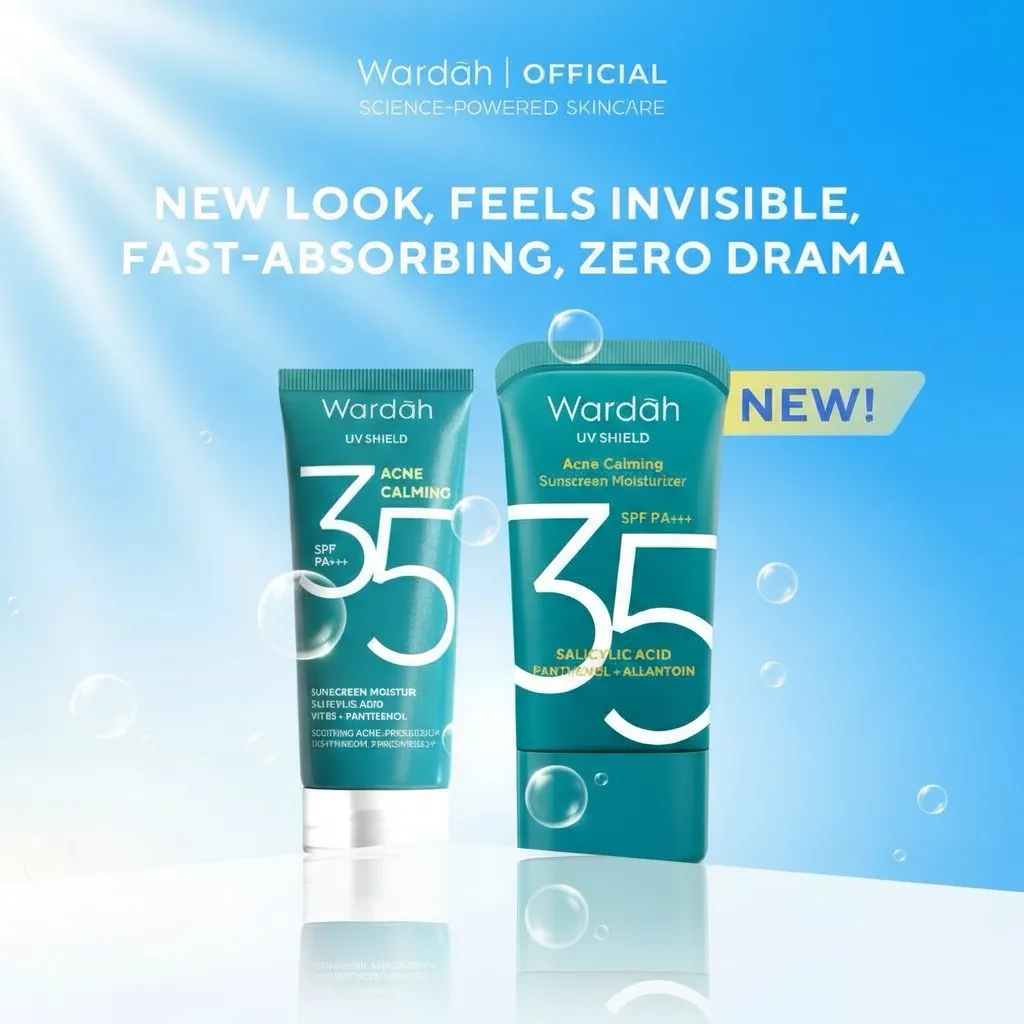 Wardah UV shield acne calming sunscreen moisturizer SPF 35 PA+++ untuk komedo jerawat dan bekas jerawat
